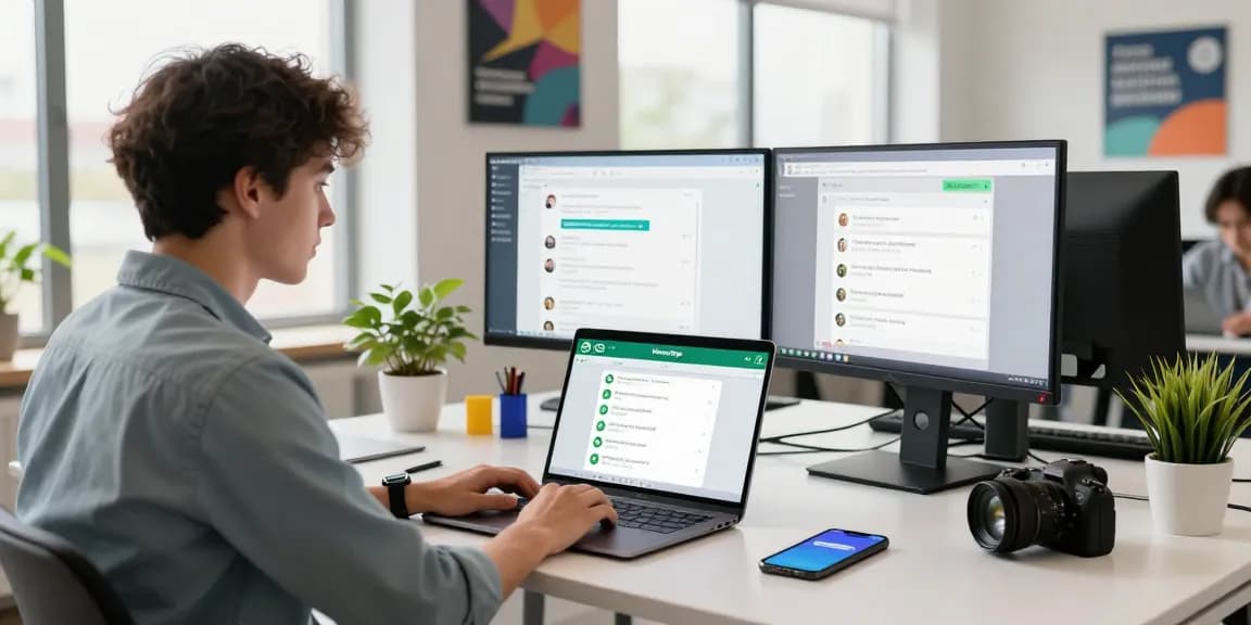Person using WhatsApp網頁版 on laptop in a modern workspace with dual monitors.