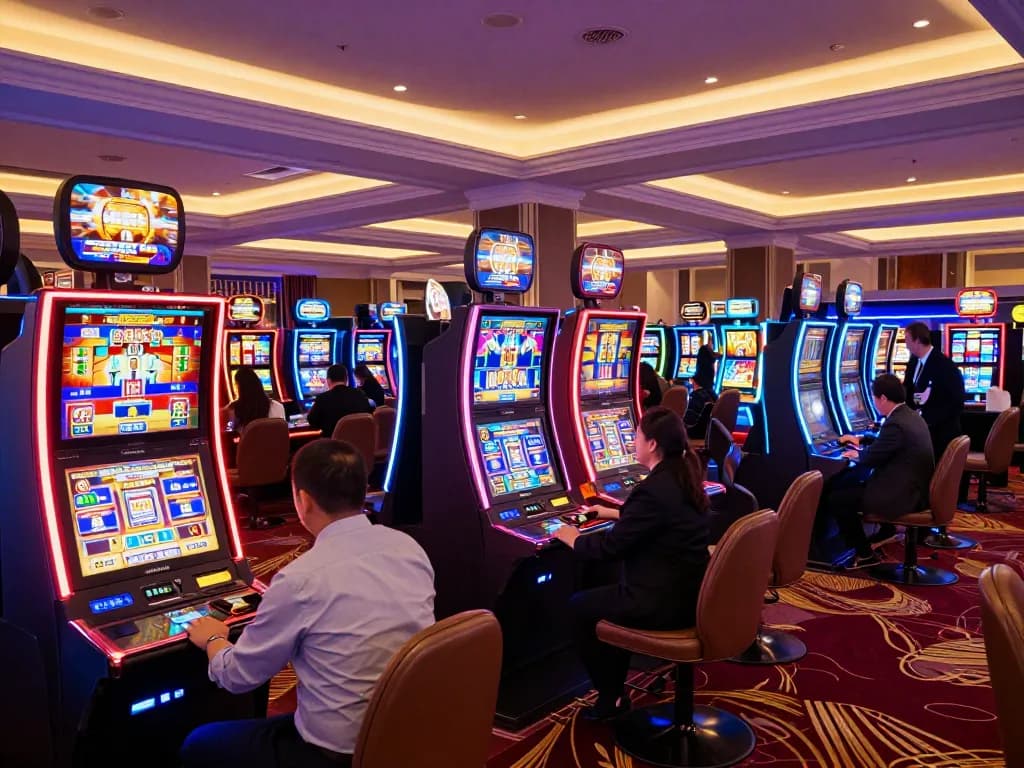 Rasakan aksi slot yang mendebarkan di Kasino rokok88, menampilkan mesin yang cerah dan pemain yang bersorak.