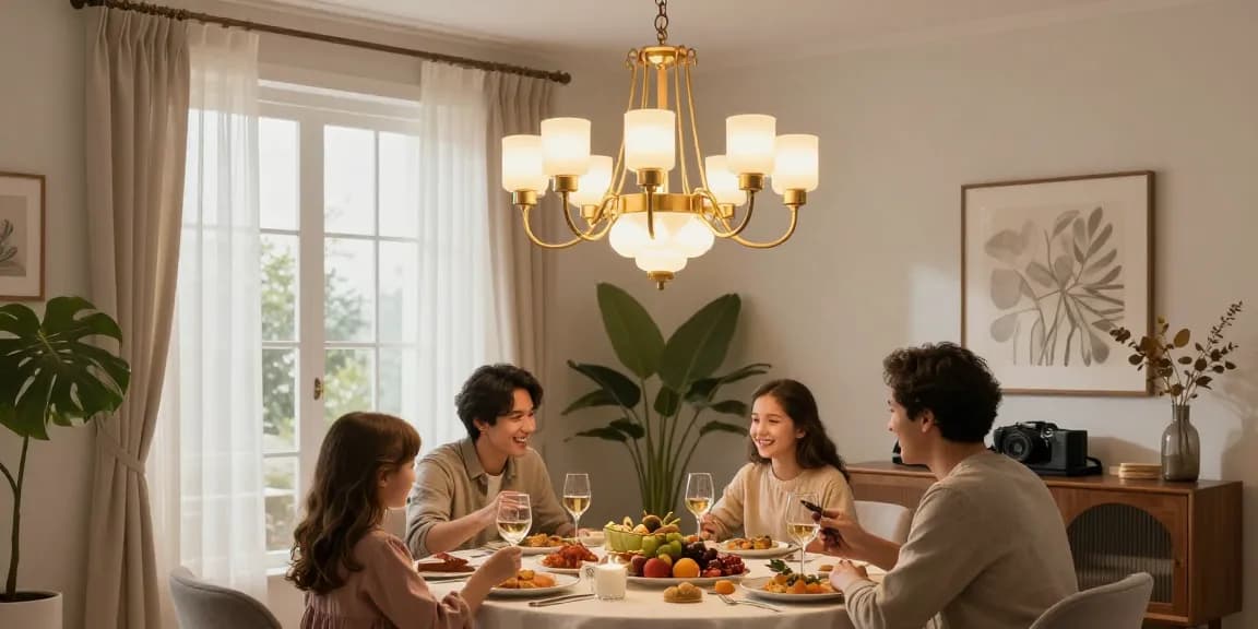 Candelabru LED elegant iluminând o masă festivă într-o cameră de dining.