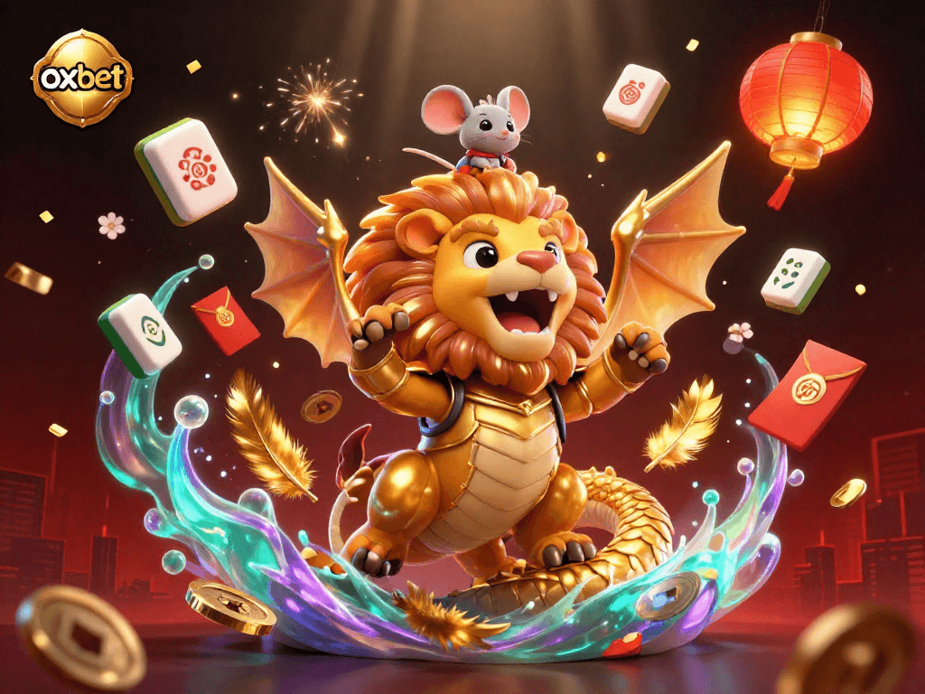 Players engage with oxbet in vibrant 3D casino scene featuring golden mahjong tiles and festive elements.