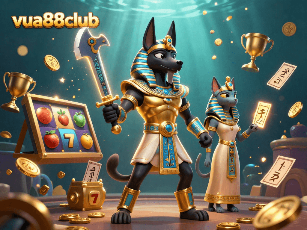 Experience the thrill at vua88club with a vibrant 3D casino scene featuring Anubis and Bastet.