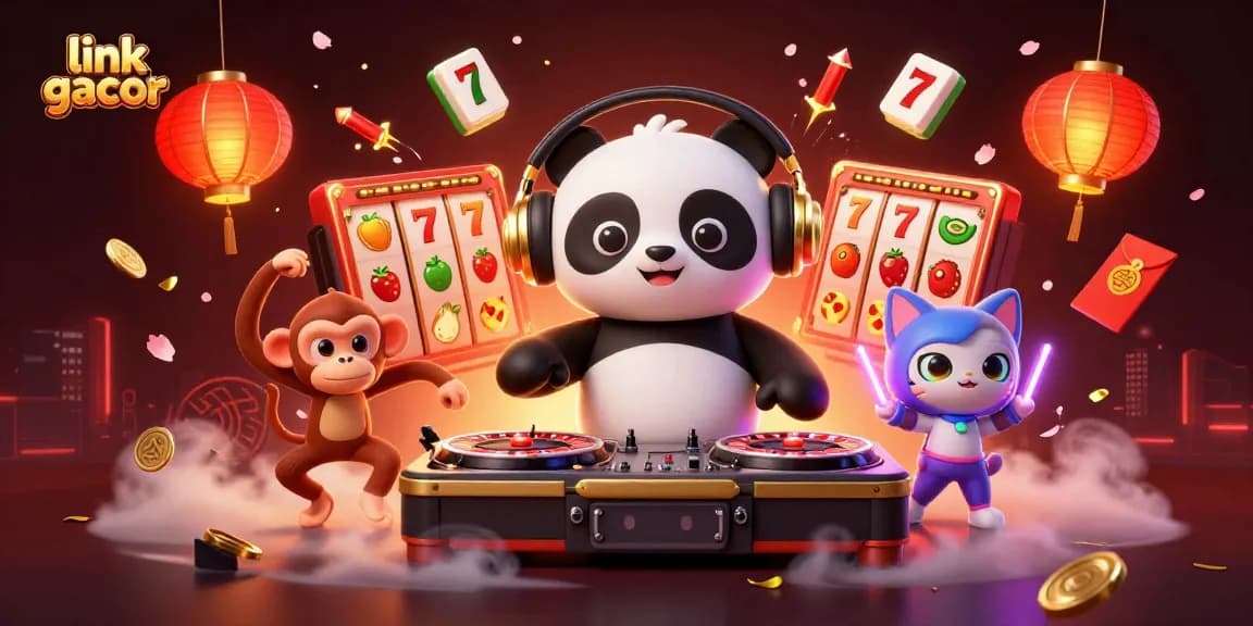 Experience excitement with link slot gacor in a vibrant 3D casino scene featuring a DJ panda