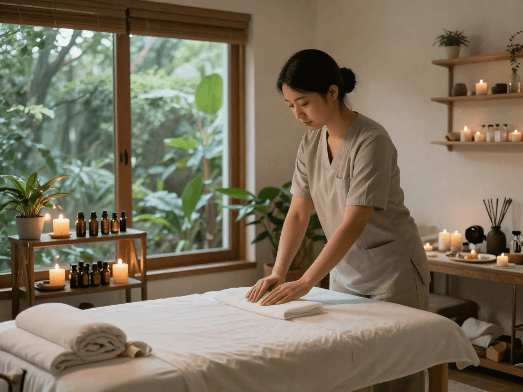 Relaxing therapy room with soothing atmosphere for 은평구출장안마, featuring massage table and aromatic oils.