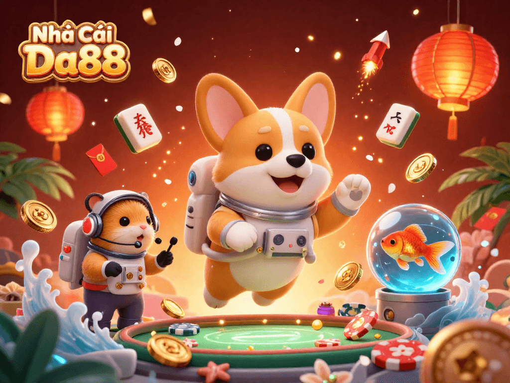 Experience the excitement of Nhà Cái Da88 with a vibrant 3D casino scene featuring floating games and characters.