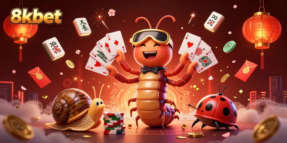 Experience the thrills of 8xbet as a cartoon millipede dealer showcases winning hands in a vibrant casino scene.
