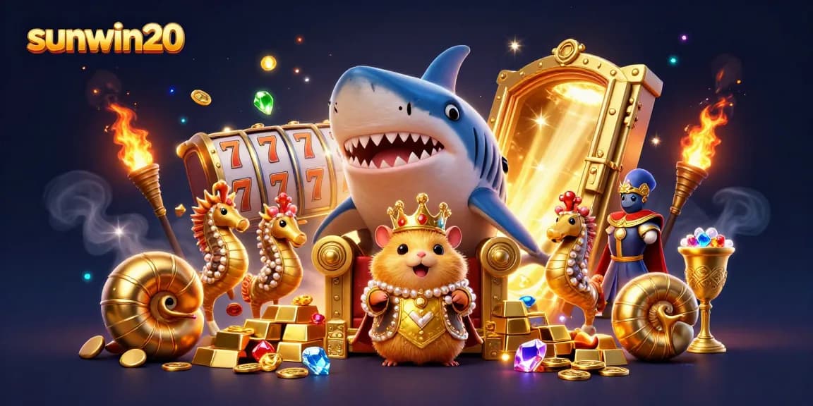 Spin the reels with sunwin20 featuring a golden hamster king in a treasure-filled casino scene.
