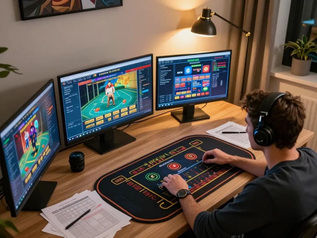 Player strategizing on Trang Chủ SC88 with multiple screens showing online casino games and betting notes.