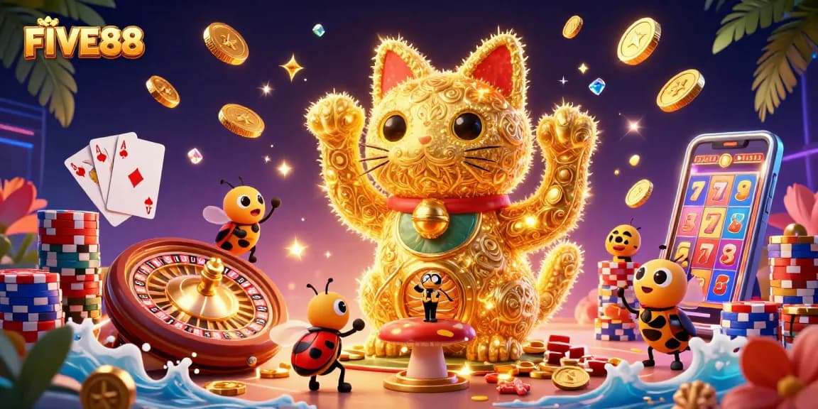 Experience the vibrant FIVE88 casino atmosphere with a lucky cat, golden fireflies, and casino symbols