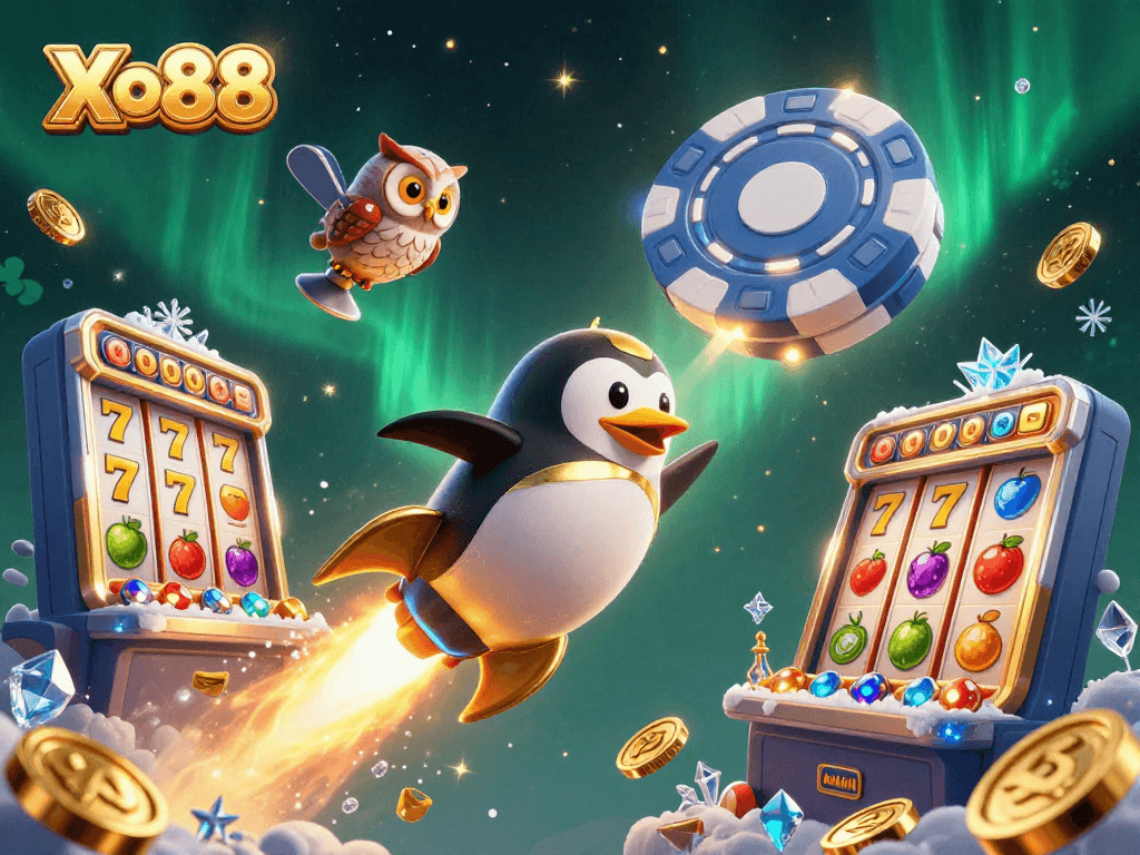 Xo88 offers an engaging experience with a golden penguin flying toward a poker chip casino amidst flying slot game elements.