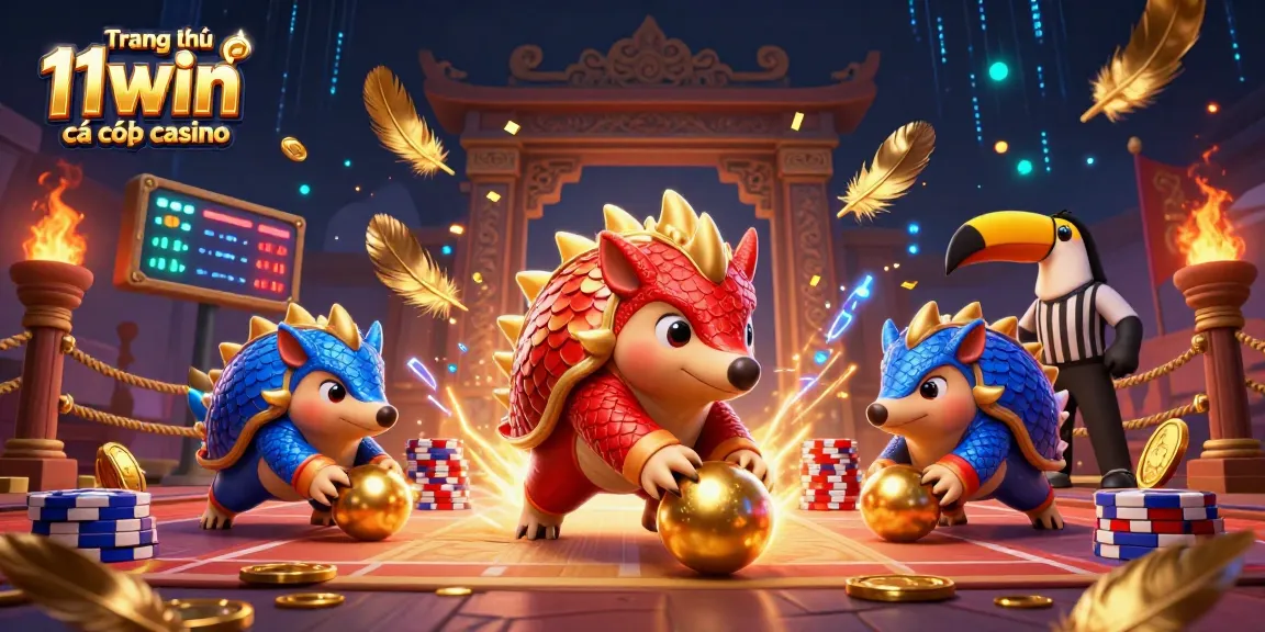 Engage in thrilling games at Trang chủ 11win cá cược casino, featuring animated pangolins and poker chips.