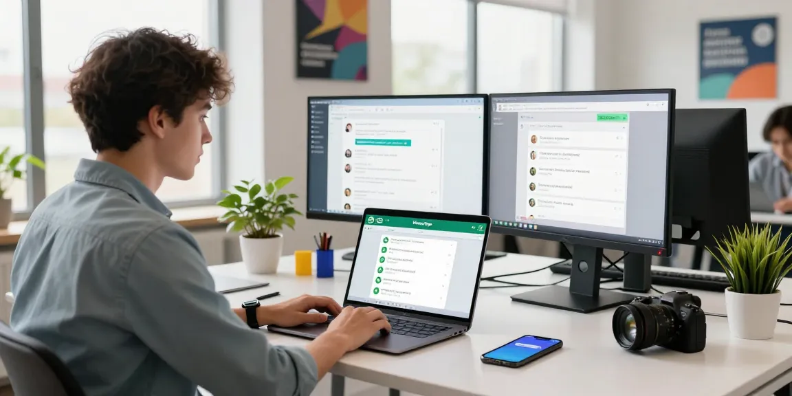 Person using WhatsApp網頁版 on laptop in a modern workspace with dual monitors.