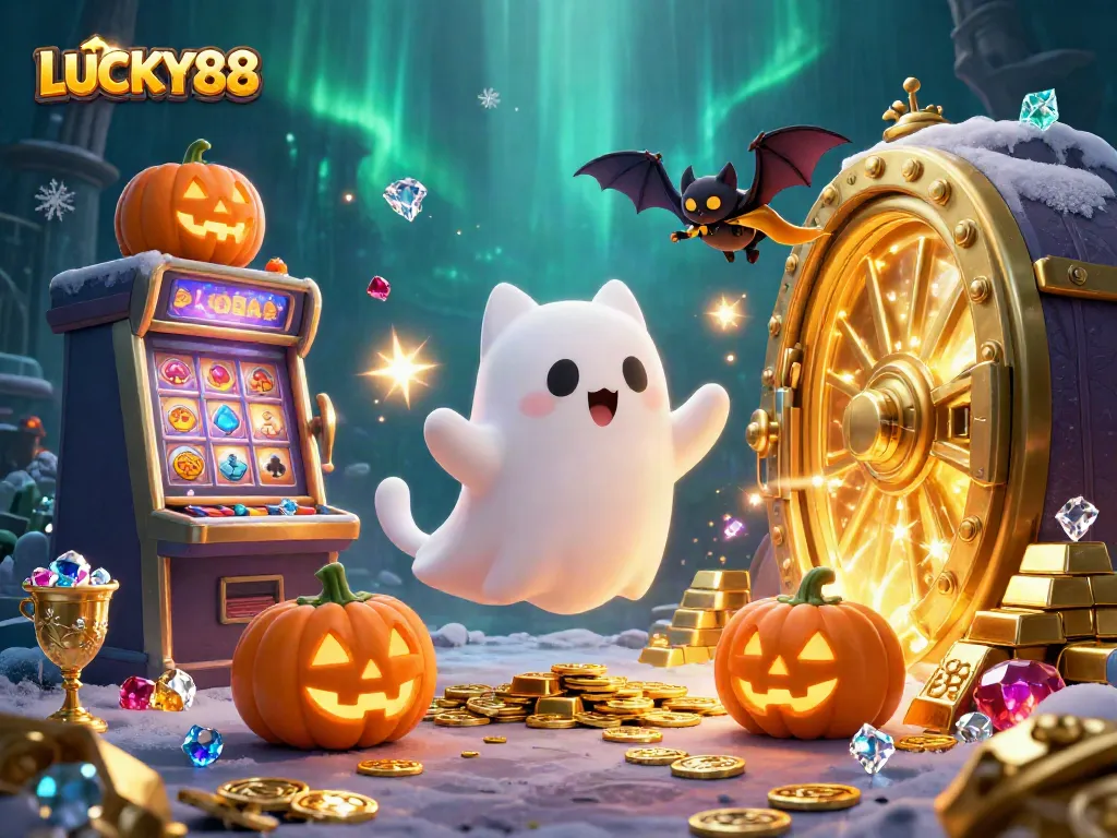 Spin the LUCKY88 slot reels with a delightful ghost cat and gem-filled treasure in a haunted casino.