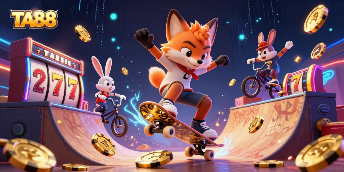 Bet on TA88 with a vibrant 3D illustration showing a skateboarder fox and BMX-riding rabbit amidst casino elements.