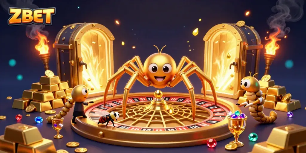 ZBET betting scene with a golden spider and a nervous fly amid treasures and casino riches.
