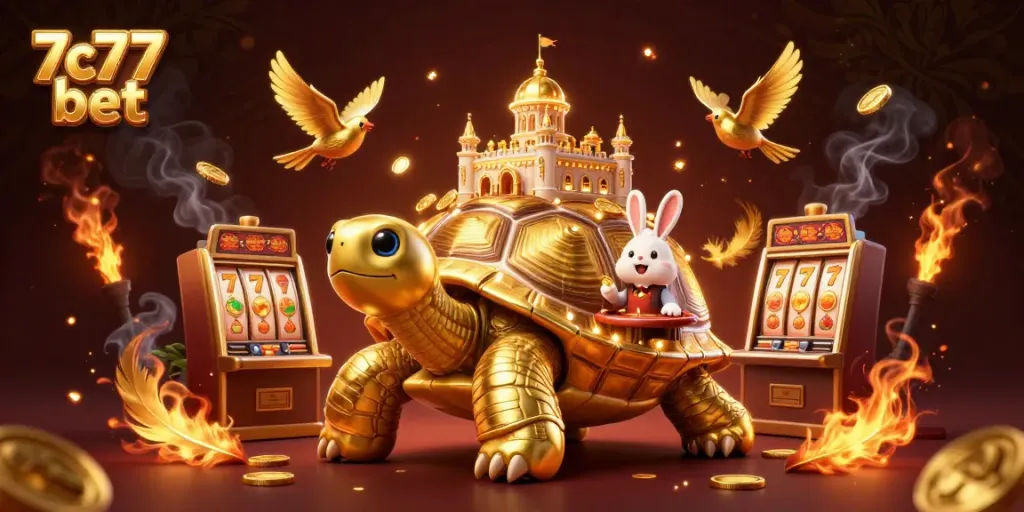 Experience the excitement of 7c77 bet with a golden tortoise casino scene featuring a rabbit dealer.