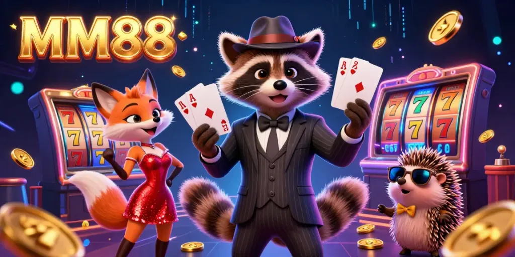Experience high-stakes gaming at MM88 with a raccoon, fox, and hedgehog in a vibrant casino scene.