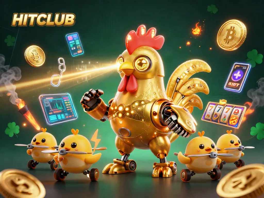 Experience thrilling gameplay at HITCLUB, where golden rooster robots and baby chick drones dominate the casino scene.