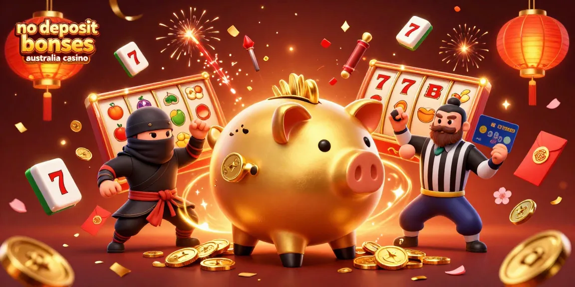 No deposit bonuses Australia casino showcased in a vibrant 3D scene with cartoon piggy bank and festive elements.