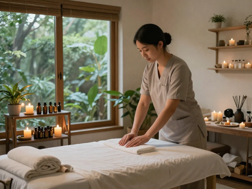 Relaxing therapy room with soothing atmosphere for 은평구출장안마, featuring massage table and aromatic oils.