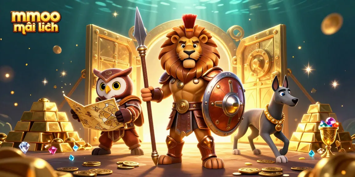 Engage in thrilling mmoo mới nhất adventures with a Spartan lion and treasures in a dynamic casino scene.