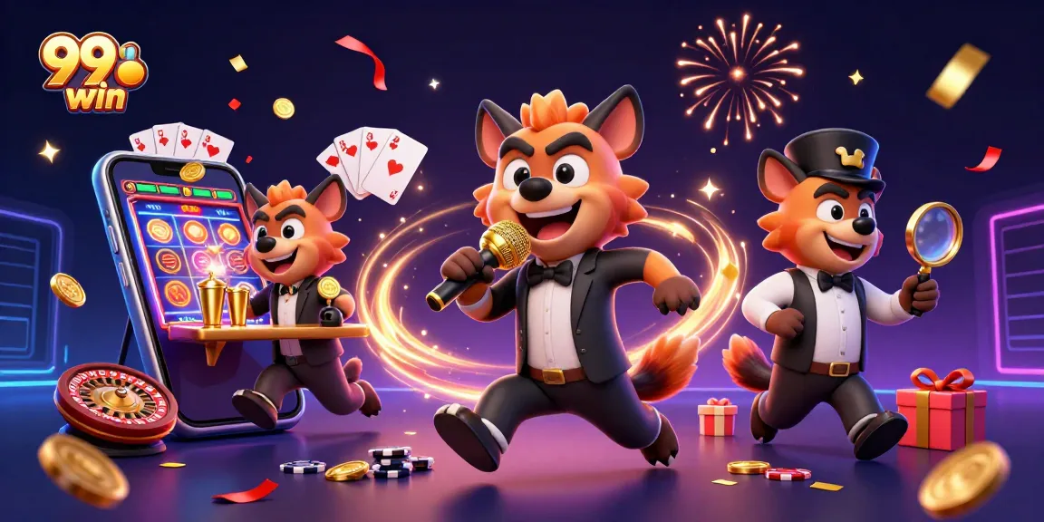 Experience the thrilling 99win casino with hyenas entertaining in a vibrant comedy club.