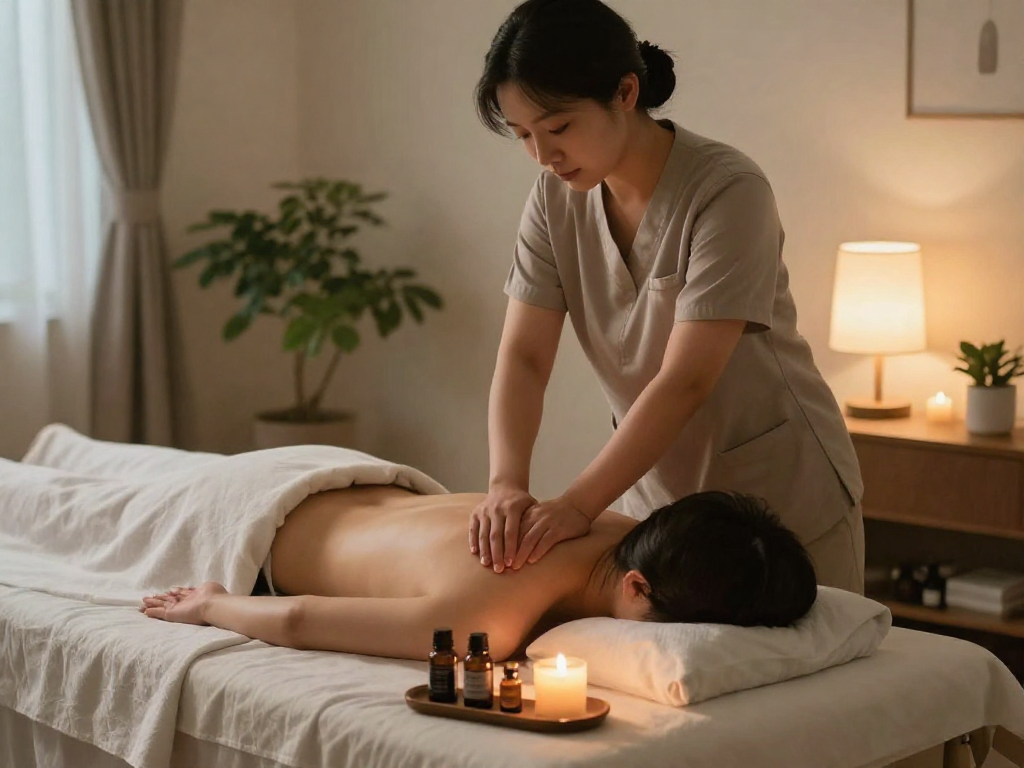 천호동출장마사지 in a serene home setting with essential oils and warm lighting