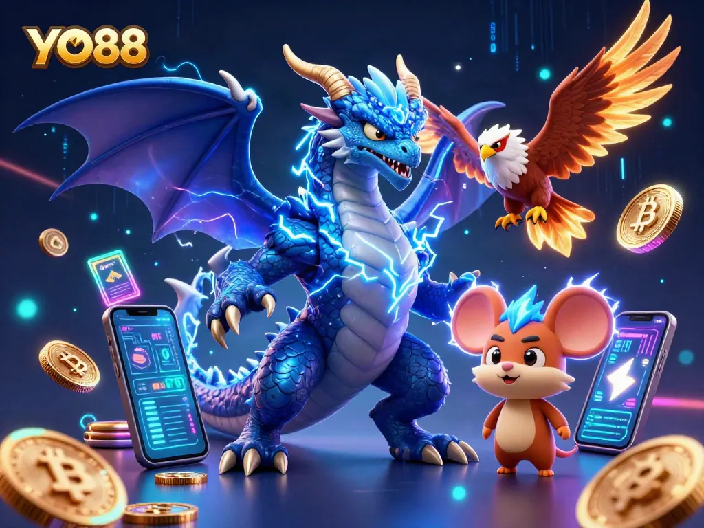 Engage in thrilling gaming action at YO88 featuring vibrant casino characters and crypto elements.