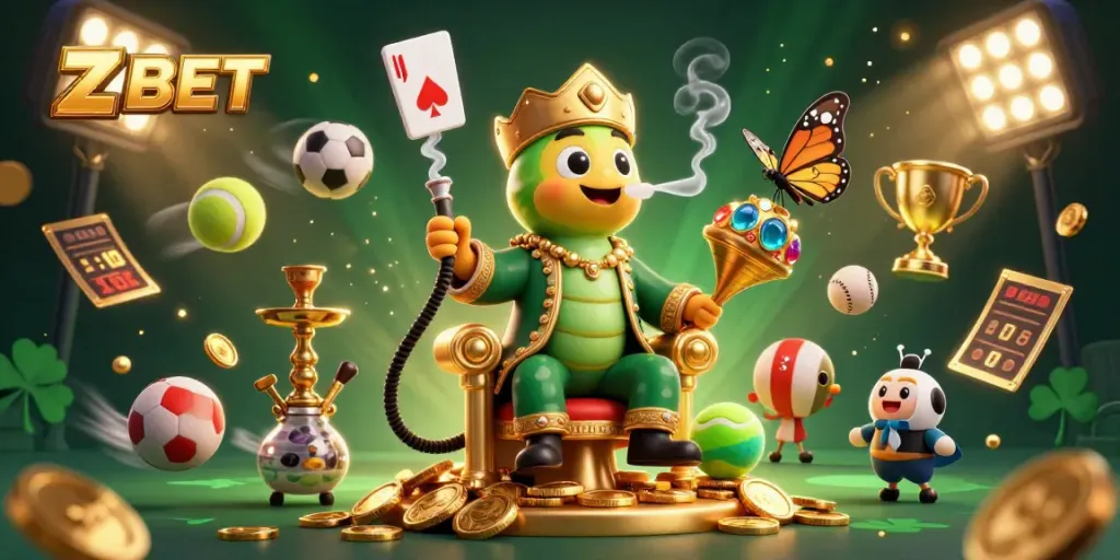 ZBET showcases engaging casino gaming in a vibrant 3D scene featuring a whimsical caterpillar and dynamic sports elements.