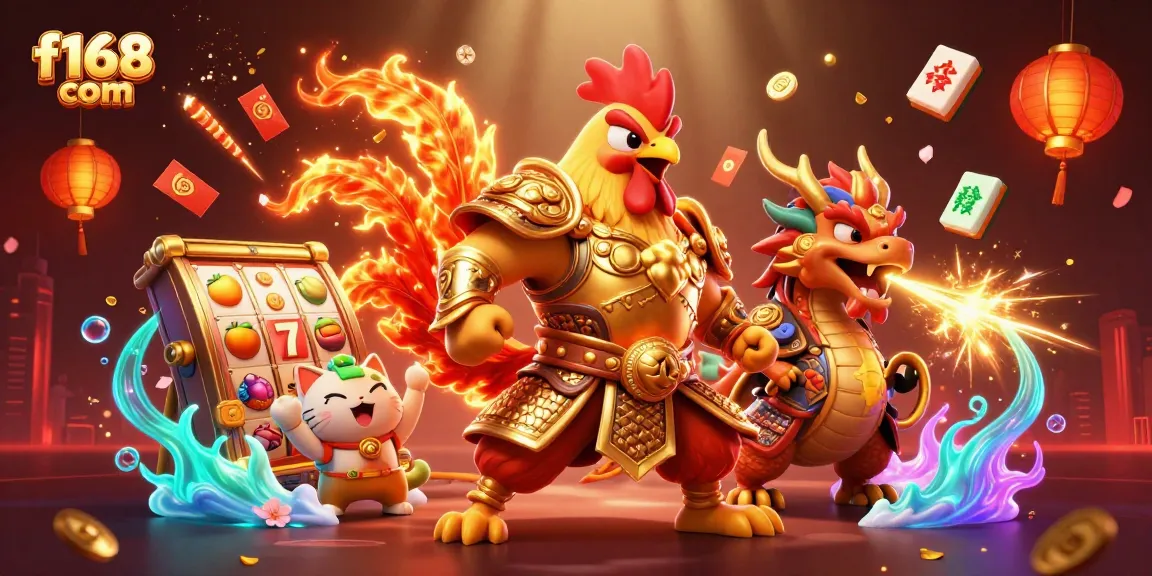 Bet big and win with f168 com, featuring a vibrant 3D scene of cartoon characters and casino elements.