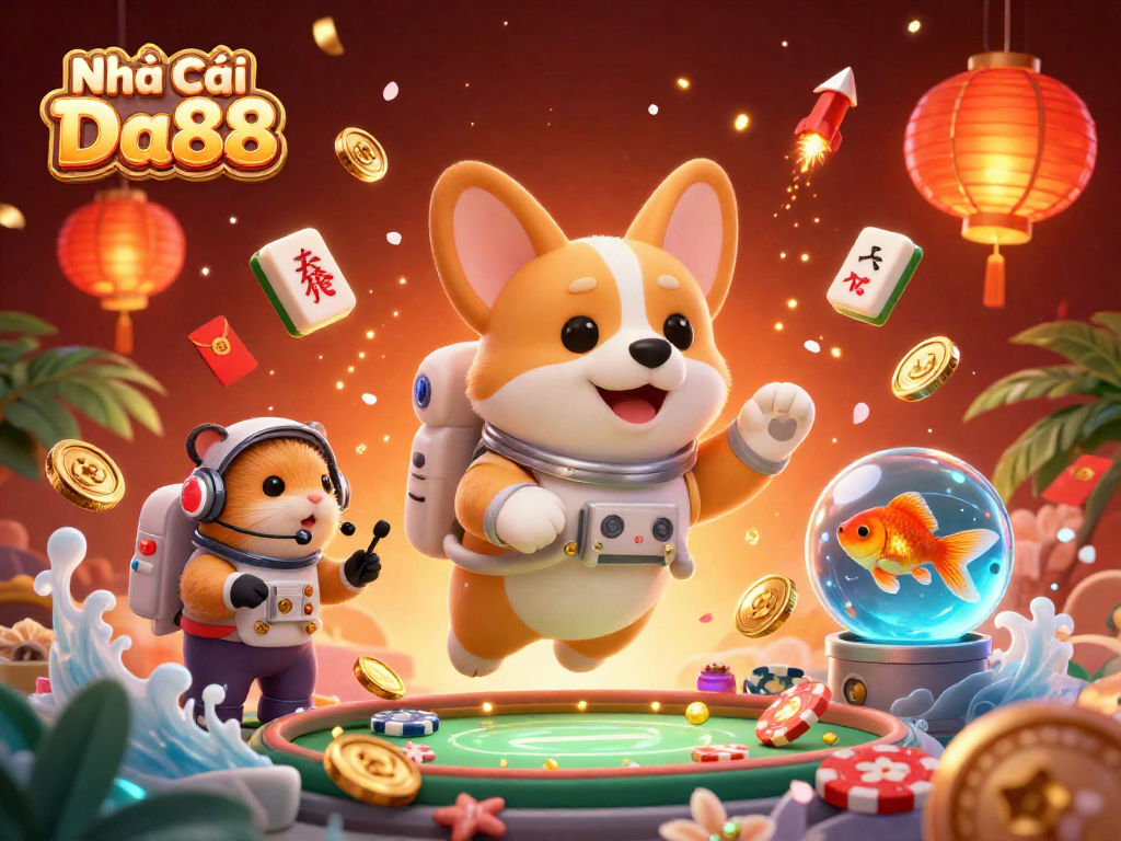 Experience the excitement of Nhà Cái Da88 with a vibrant 3D casino scene featuring floating games and characters.