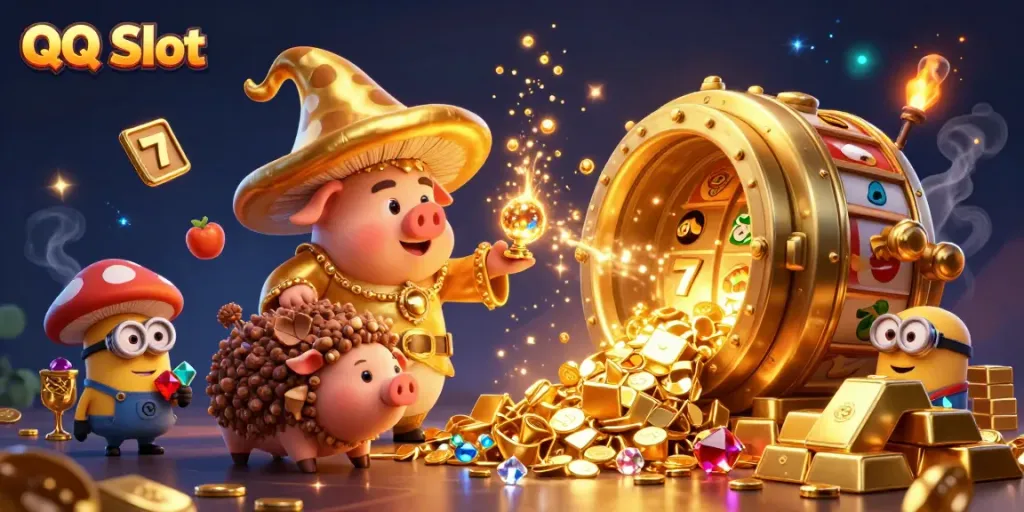 Experience QQ Slot's magic with golden wizard and treasures in an enchanting 3D illustration.
