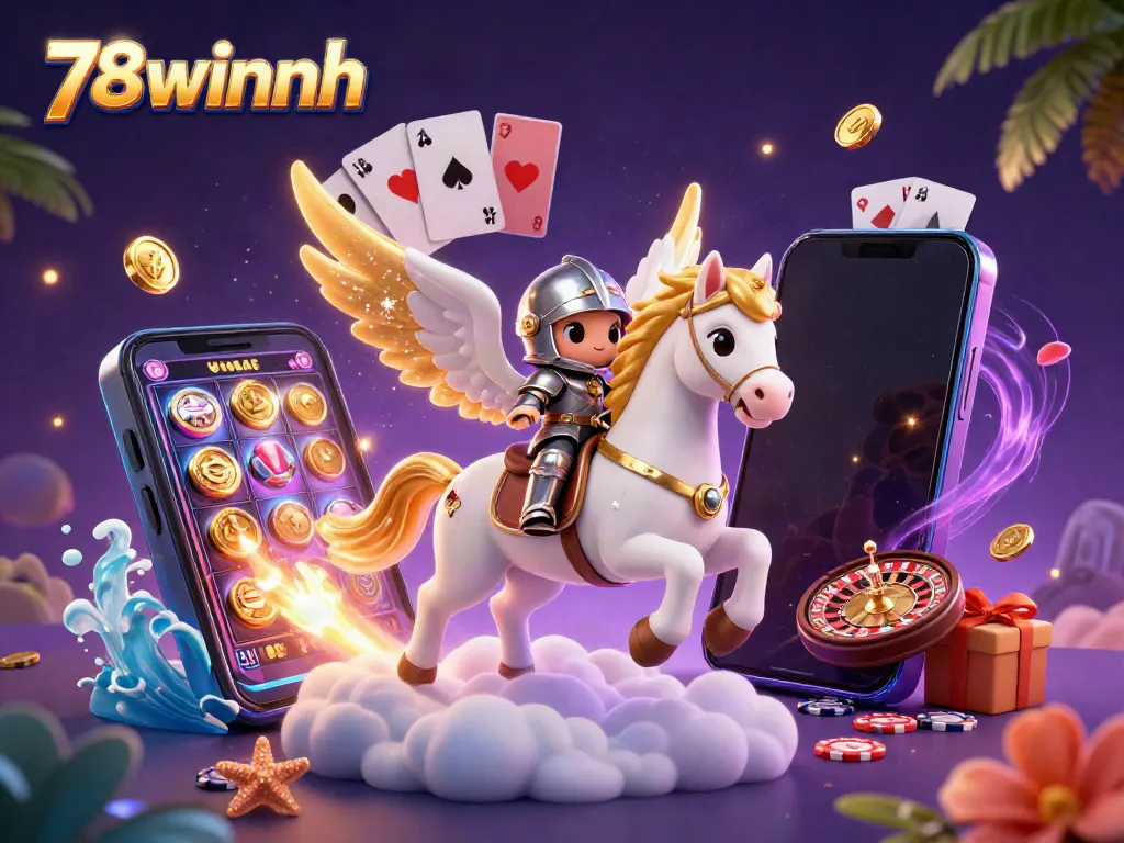 Engage with the magical world of casino gaming featuring 78winnh, where a celestial horse and knight discover vibrant slots and gaming treasures.
