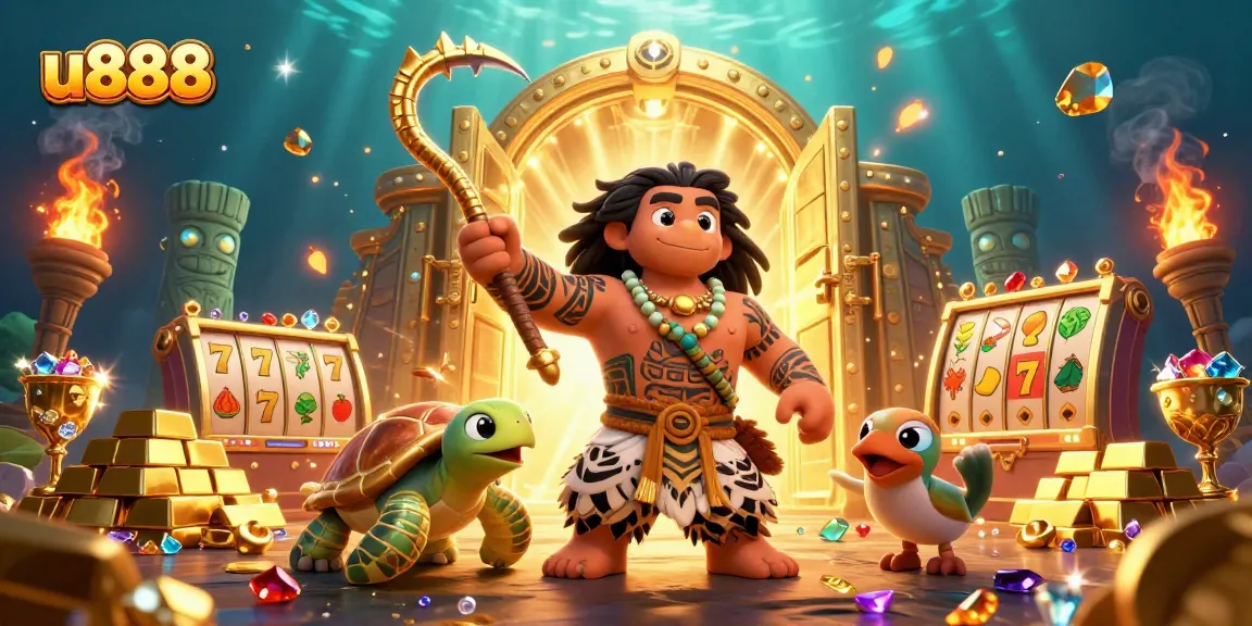Engage in thrilling slot games with u888 in this vibrant, 3D cartoon illustration.