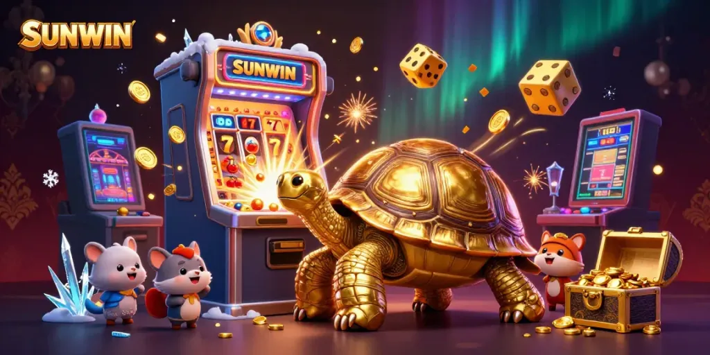 Experience excitement at SUNWIN with a golden tortoise pinball machine, bursting jackpots, and vibrant casino dynamics.