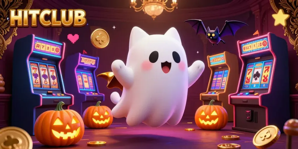 HITCLUB showcases a ghost cat and vampire bat in a vibrant casino scene with slot machines.