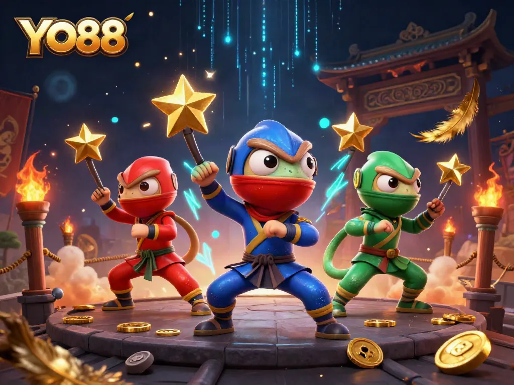 YO88 showcases a vibrant chameleon ninja team amidst a dynamic casino atmosphere.