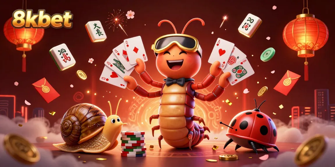 Experience the thrills of 8xbet as a cartoon millipede dealer showcases winning hands in a vibrant casino scene.