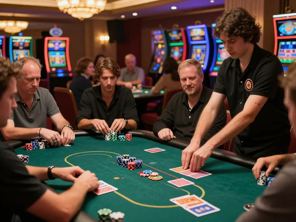 LU88 players intensely strategizing at a poker table in a vibrant casino.