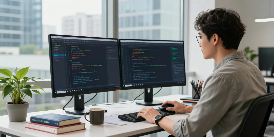 Developer using 快连 software in a bright tech workspace
