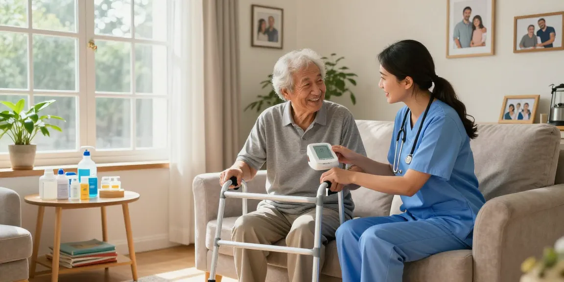 Caregiver demonstrating home medical equipment to an elderly patient in a cozy living room, enhancing comfort and safety.