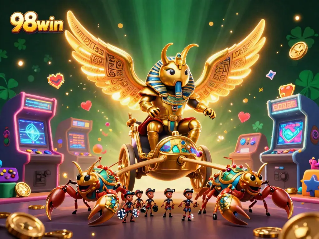 Engage in thrilling experiences with 98win through vibrant 3D casino elements and characters.