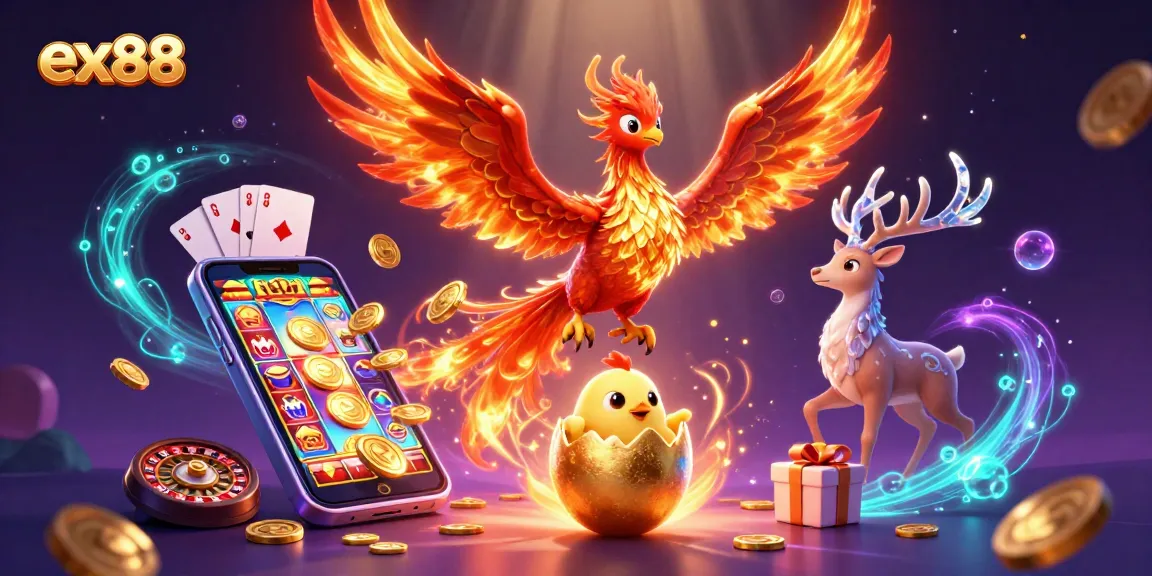 Experience thrilling gameplay at ex88 with a vibrant illustration of a phoenix and gaming elements.