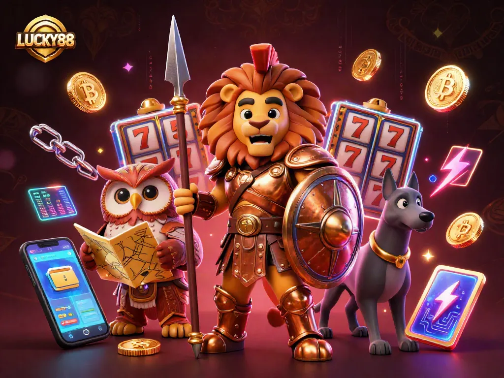 Spin with LUCKY88 on dynamic slot reels featuring a Spartan lion and cryptocurrency elements.