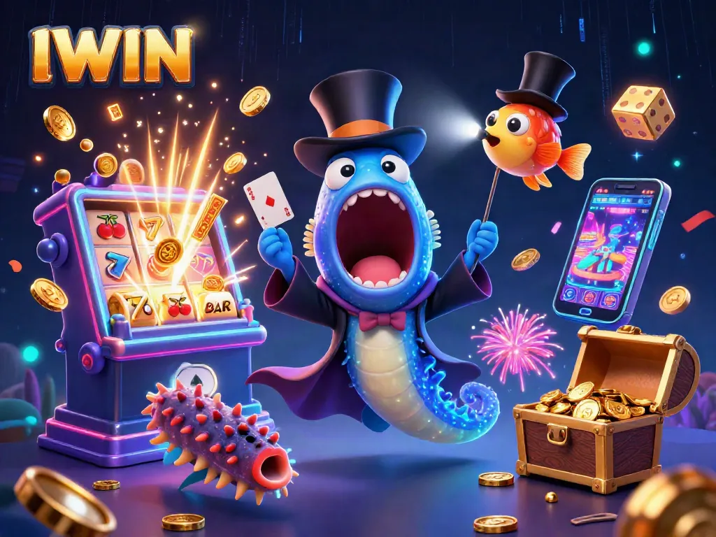 IWIN games featuring an enchanting 3D illustration of a bioluminescent gulper eel performing card tricks, surrounded by casino excitement.