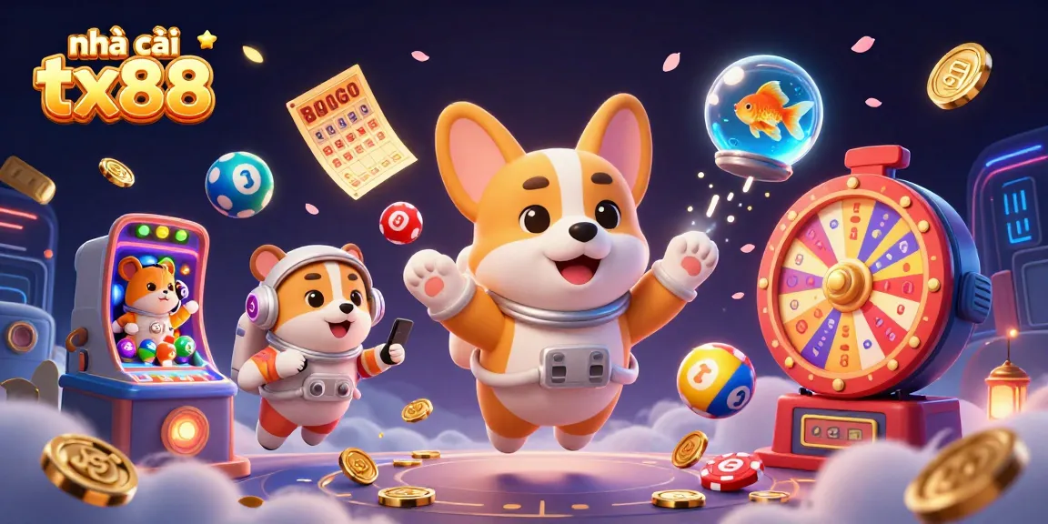 Experience the thrilling casino adventure at nhà cái tx88 with a 3D illustration of dynamic characters and vibrant games.