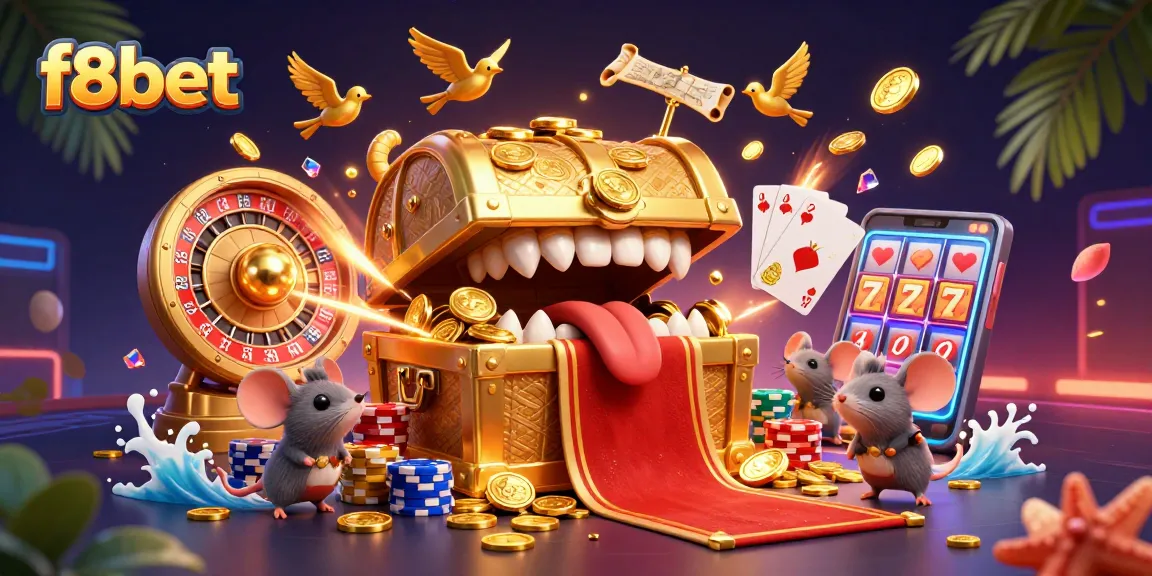 Experience the thrill of f8bet with a dynamic casino scene featuring treasure chests, coins, and games.