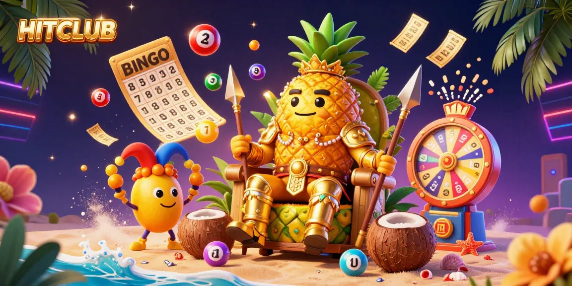 Engage in HITCLUB’s vibrant digital casino with a golden pineapple king and lottery elements.