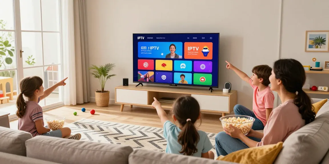 Meilleur iptv Québec : Famille regardant des chaînes IPTV sur grand écran avec ambiance chaleureuse.
