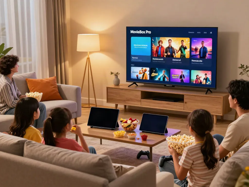 Family enjoying a movie night using the MovieBox Pro official site on a smart TV.