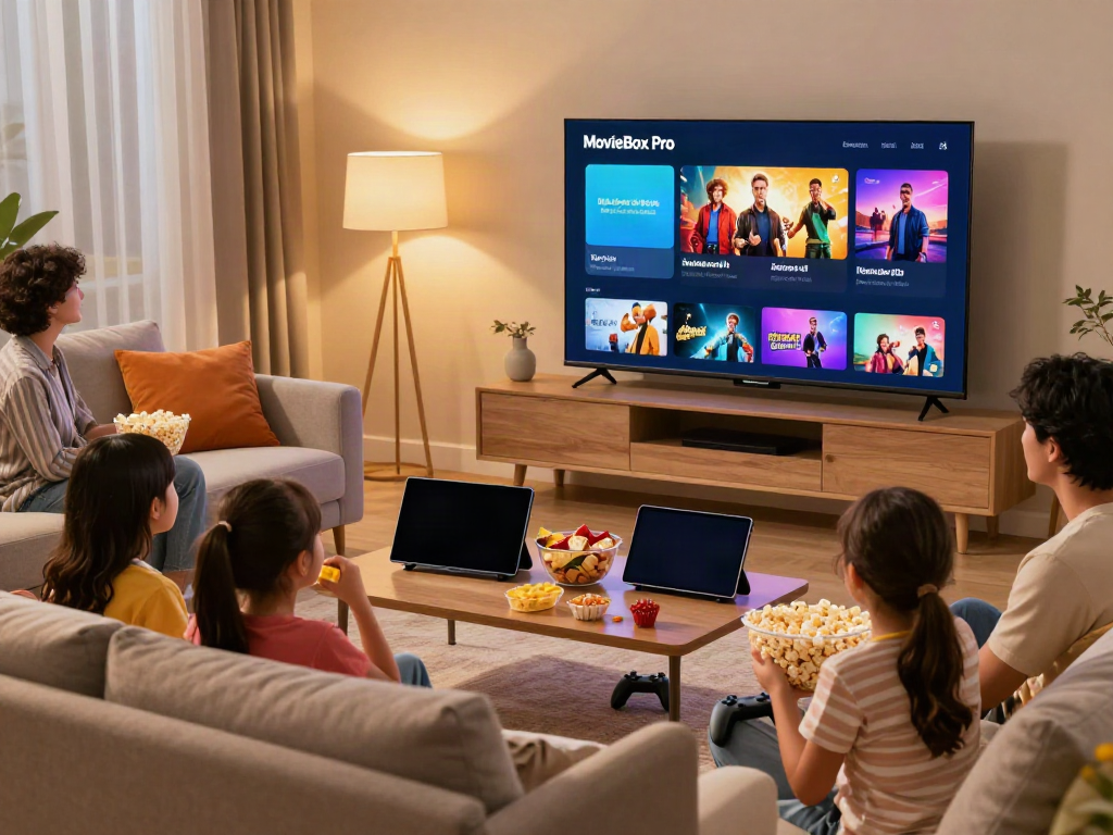 Family enjoying a movie night using the MovieBox Pro official site on a smart TV.
